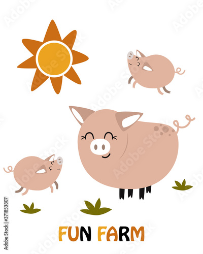 poster with pig and fun piglets - vector illustration, eps