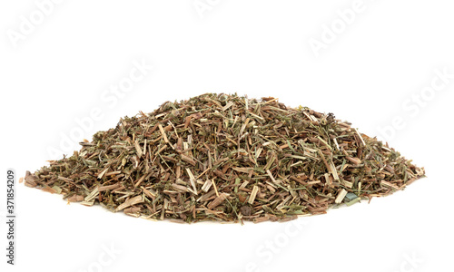 Ladies bedstraw herb leaf used in herbal medicine to treat epilepsy, hysteria, spasms, loss of appetite, chest and lung infections and is also a diuretic, on white background. Galium Verum. 