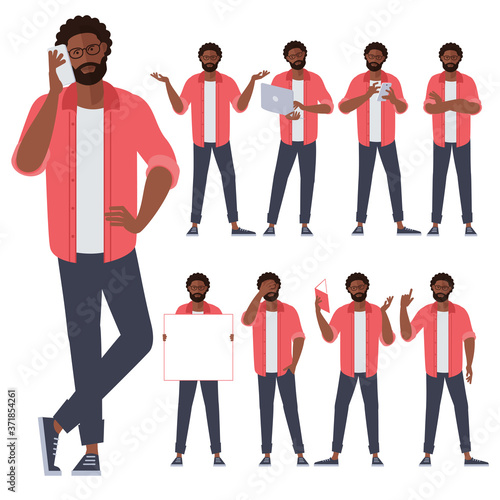 Set of flat design young black afro american man characters, various poses and gestures and everyday activities. Learning, chatting, phonning, working.