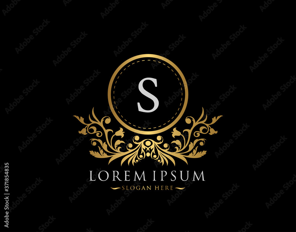 Fototapeta premium Luxury Boutique Logo. Letter S with gold calligraphic emblem and classic floral ornament. Classy Frame design Vector illustration.