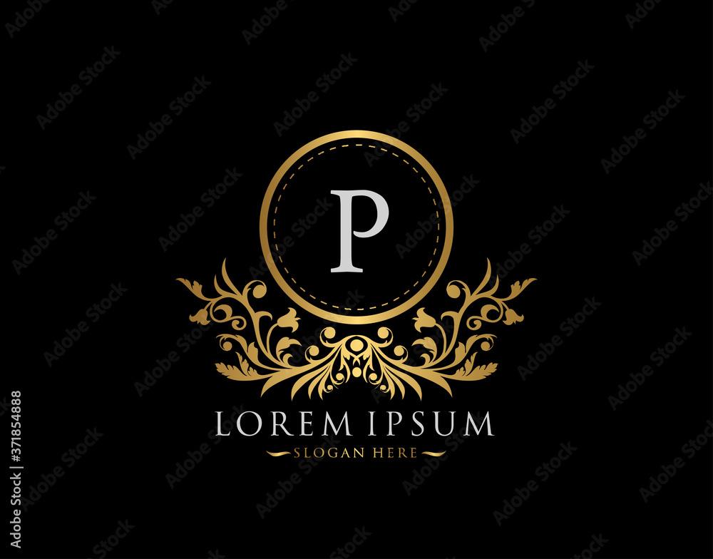 Fototapeta premium Luxury Boutique Logo. Letter P with gold calligraphic emblem and classic floral ornament. Classy Frame design Vector illustration.