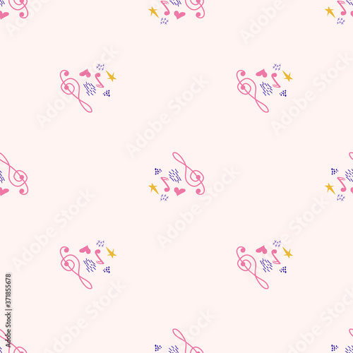 Cartoon cute doodles hand drawn Musical seamless pattern. Colorful detailed. Bright colors backdrop with music symbols and items © MichiruKayo