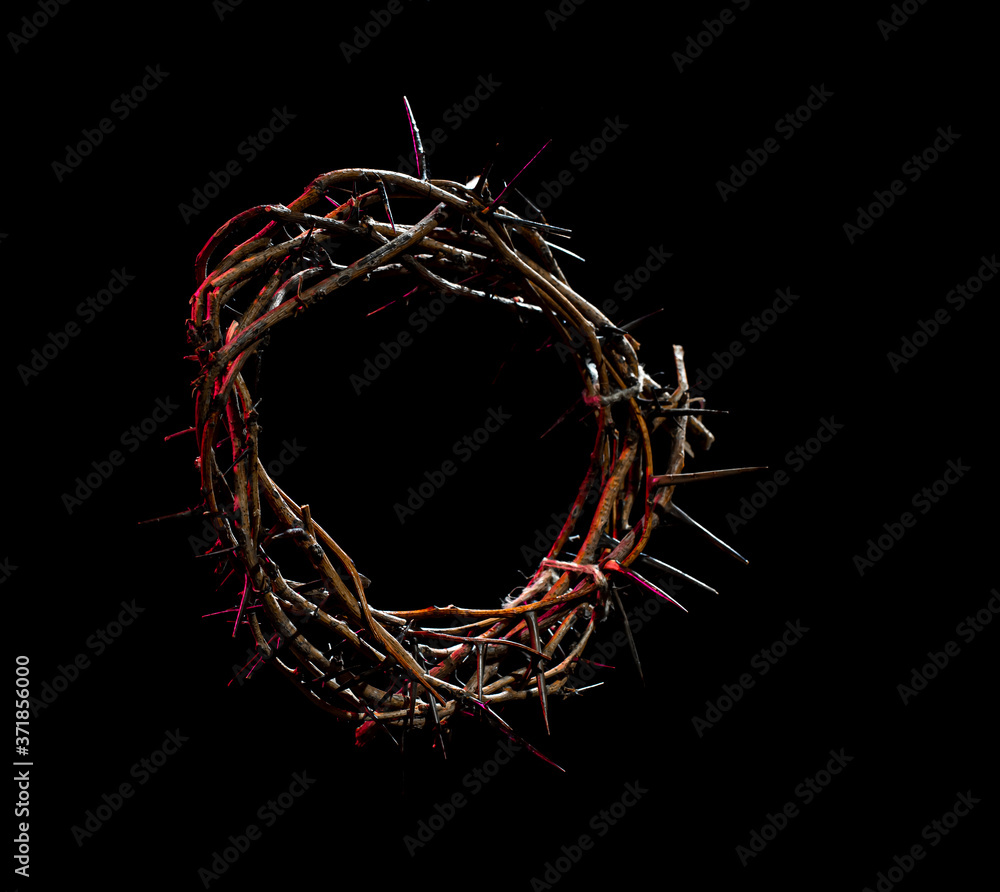 Fototapeta premium The crown of thorns lie on an isolated black background, with a red tint of light. The concept of Holy week, associated with suffering and love.