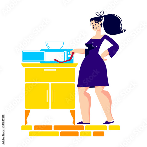Woman cooking food in microwave oven. Cartoon female in apron waiting for popcorn