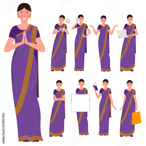 Set of flat design young Indian woman wearing saree. Various poses, gestures and everyday activities. Learning, chatting, phonning, working.