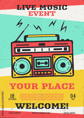 Live Music Event vector flyer with retro record player. Musical poster background template. Vector design illustration