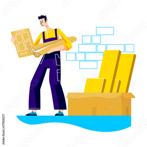 Handyman from furniture assembly service installing new furniture read instruction to construction