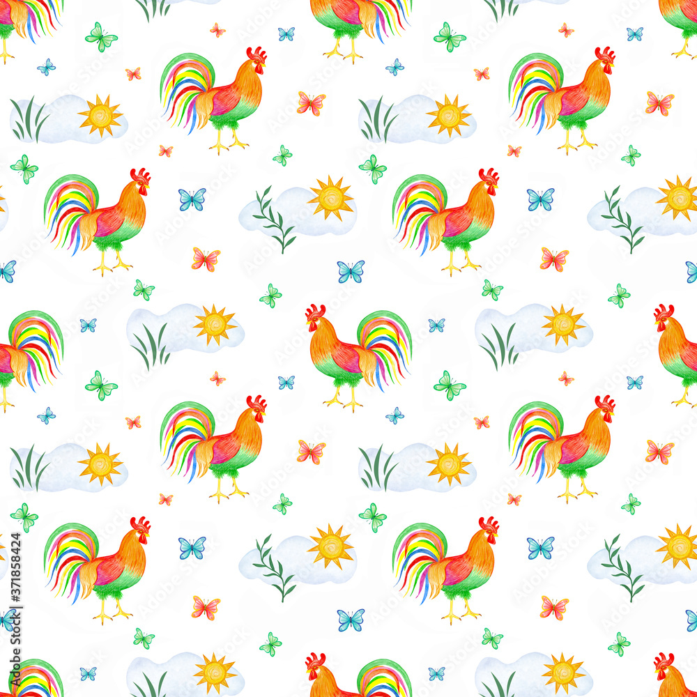 Obraz premium Rooster, sun, butterfly summer watercolor pattern. Illustration for printing, backgrounds, wallpapers, covers, packaging, greeting cards, posters, stickers, textile and seasonal design.