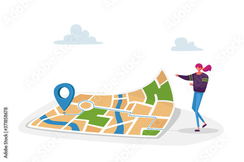 Tiny Female Character Stand at Huge Paper Map with Gps Pin Finding Correct Way in City Satellite Geolocation Positioning