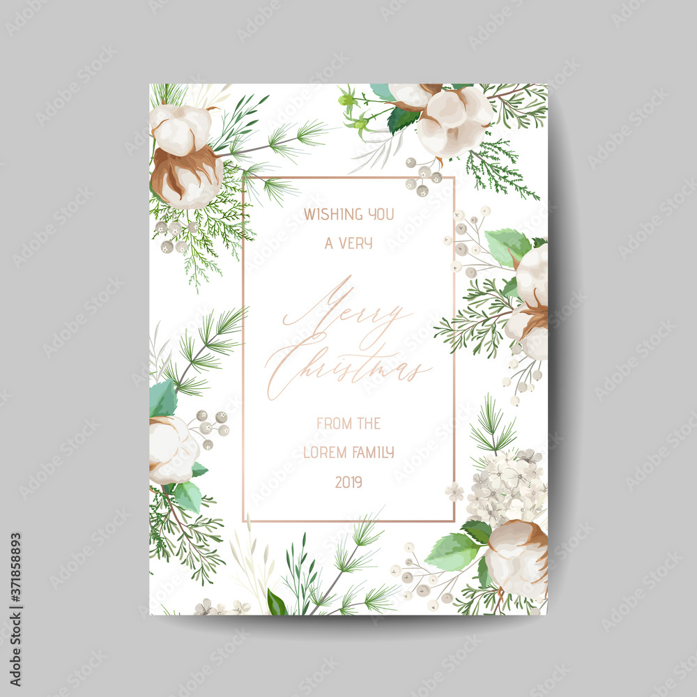 Merry Christmas and New Year 2020 Card with Pine Wreath, Mistletoe, Winter Cotton flower design illustration