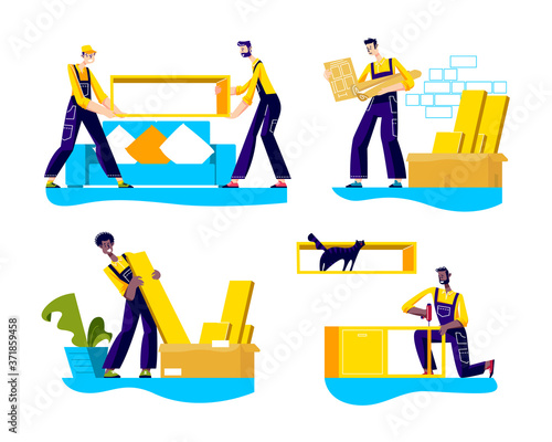 Furniture assembly service workers uploading and installing new furniture elements