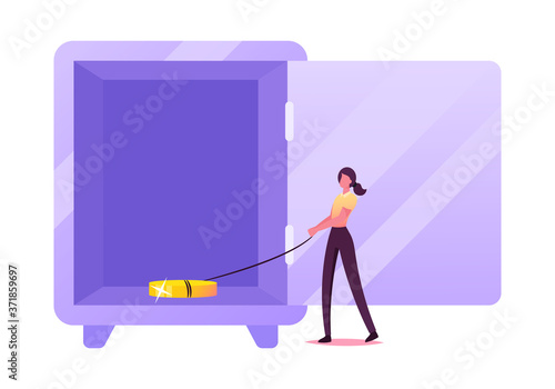 Pauperization, Capital Safety. Tiny Female Character Stand at Huge Safe with Open Door Holding Golden Coin Bind to Rope