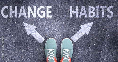 Change and habits as different choices in life - pictured as words Change, habits on a road to symbolize making decision and picking either Change or habits as an option, 3d illustration photo