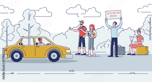 Hitchhikers on road thumbing and hiking passing cars. People with backpacks standing roadside