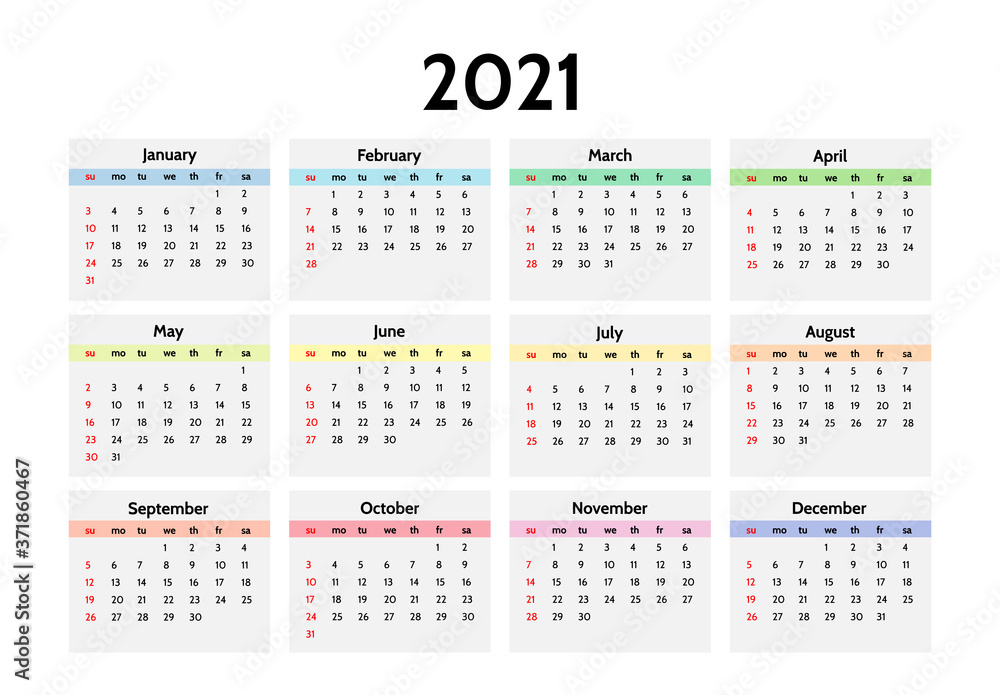 Calendar for 2021 isolated on a white background Calendar for 2021 isolated on a white background