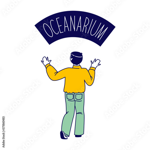 Male Character Stand at Oceanarium Entrance. Adult or Child Rear View Visiting Aquarium for Watching Underwater Animals