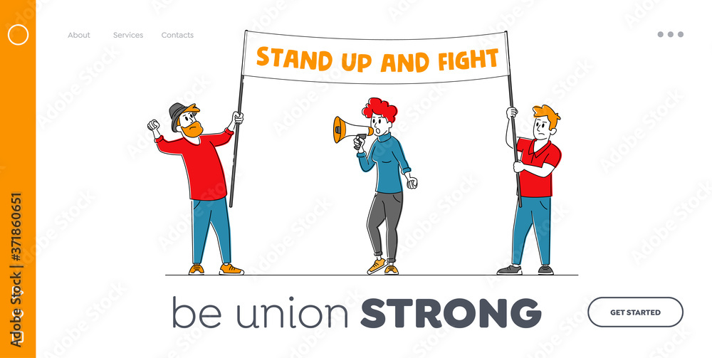 Characters Fighting for Rights Landing Page Template. Citizen Protesting Against War or Election with Placards on Strike Characters Fighting for Rights Landing Page Template. Citizen Protesting Against War or Election with Placards on Strike
