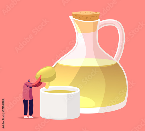 Tiny Male Character Farmer Worker Holding Huge Green Olive Pressing Extra Virgin Oil to Cup Stand at Glass Jug.
