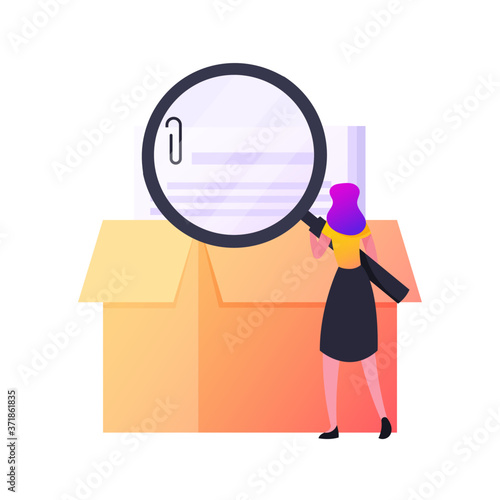 Tiny Female Character with Huge Magnifying Glass Reading Paper Document Lying in Carton Box. Committee Checking Docs