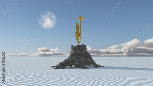 Horn in desert stump. 3D rendering