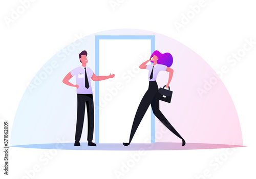 Characters Follow Business Etiquette, Good Manners. Businessman Invite Businesswoman to Enter Door ahead Office Relation