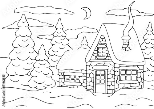 Coloring page with a house in the winter forest with a Christmas tree