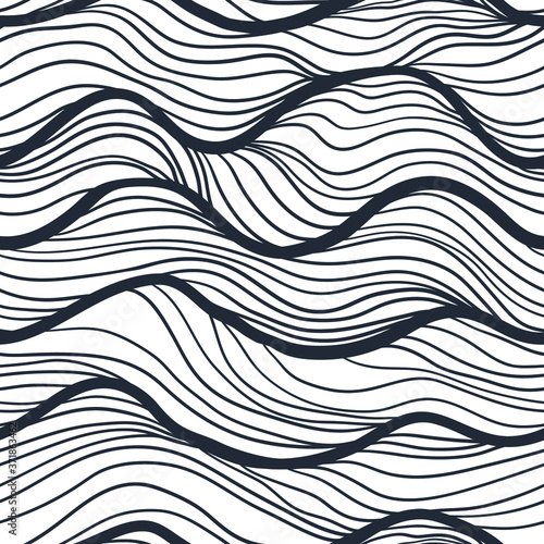 Seamless pattern with black linear sea waves. Design for backdrops and colouring book with sea, rivers or water texture. Repeating texture. Figure for textiles.