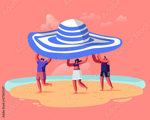 Summer Time Season, Vacation Concept. Tiny People Carry Huge Tropical Hat Enjoying Summertime Holiday, Relaxing on Beach