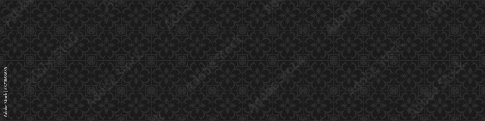old grunge black anthracite dark gray grey vintage square mosaic tiles wall texture with floral flower seamless pattern print wallpaper texture background banner panorama - obrazy, fototapety, plakaty 