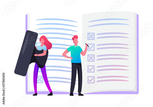 Businessman Put Marks into Check Boxes Filling Checklist, Businesswoman Holding Seal Stamp, Committee Control Documents