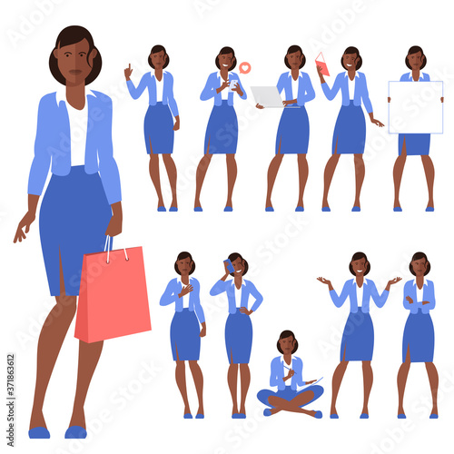 Set of flat design young black afro american woman characters, various poses and gestures and everyday activities. Learning, chatting, phonning, working.