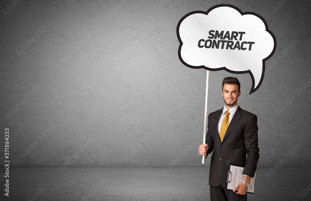 Young business person in casual holding road sign with SMART CONTRACT inscription, new business idea concept