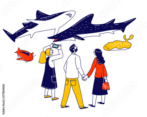 Characters Visit Public Aquarium. Family Spare Time and Recreation, Weekend Active Leisure. Excursion Underwater Animals