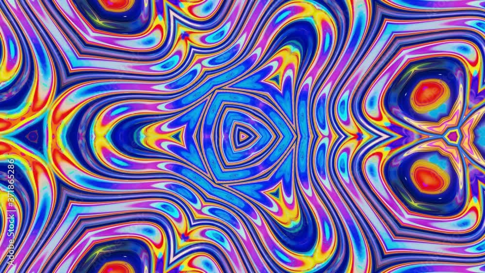 Liquid iridescent symmetrical pattern like kaleidoscope with waves. 3D stylish looped abstract bg, wavy structure of brilliant liquid glass with beautiful gradient colors. 4k Liquid iridescent symmetrical pattern like kaleidoscope with waves. 3D stylish looped abstract bg, wavy structure of brilliant liquid glass with beautiful gradient colors. 4k
