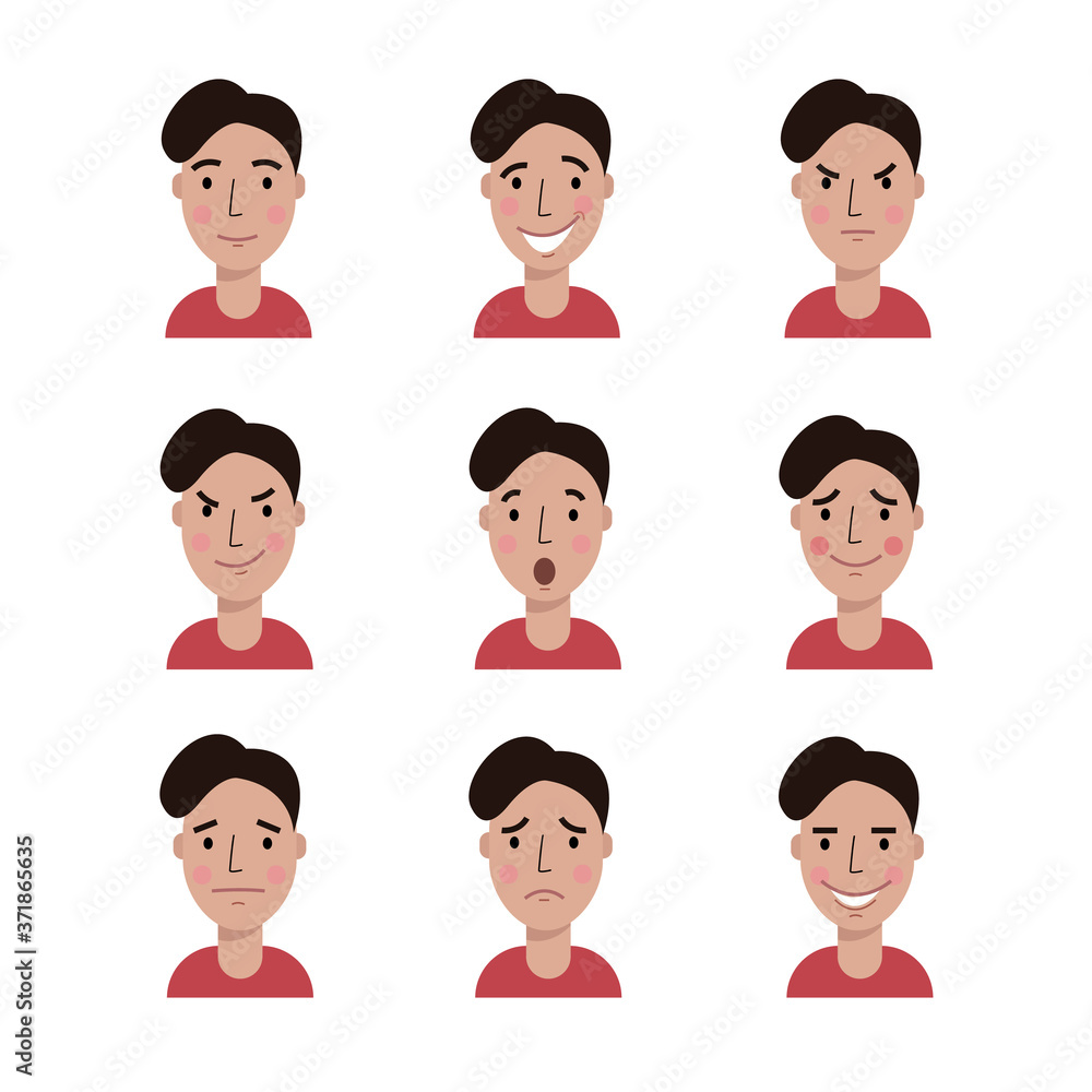 Cartoon character of young man with different emotions: angry, sad, happy, tricky, surprised, shy, glad etc. Flat style, vector illustration for avatar Cartoon character of young man with different emotions: angry, sad, happy, tricky, surprised, shy, glad etc. Flat style, vector illustration for avatar