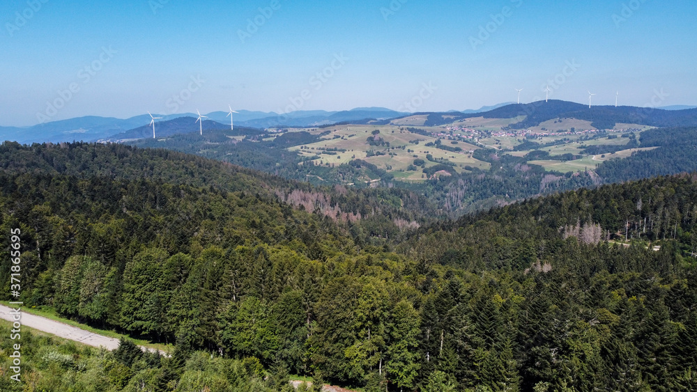 View from Hornbergbecken near Herrischried over the Black Forest to the windmills near Gersbach