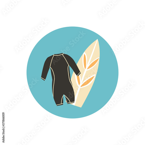 Icon or highlights with hand drawn wet suit and kite surf or surfboard, long board. Sport isolated illustration.