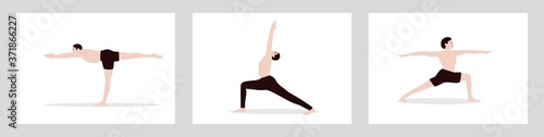 Men's yoga asana. Stretching exercises, vector illustration. Spiritual and physical development. Men in different poses. People go in for physical exercise. Seth - practice sessions.
