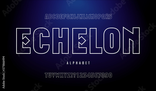 Echelon; Retro-Future Game or Sci-Fi Brand or Logo Alphabet. Good Font for Technology or Space Theme, as well as Sports. Futuristic Outline Style with Unusual Letterforms.