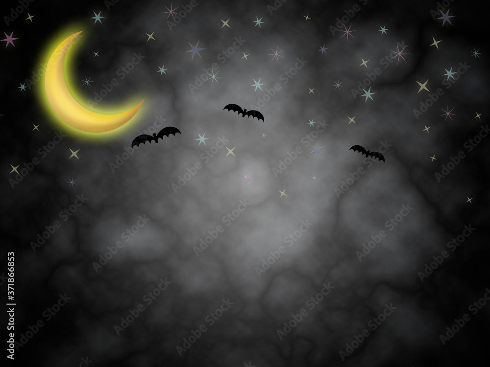 halloween night black cloudy background with moon stars bats