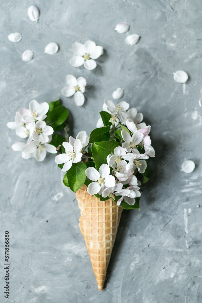 Flat-lay of waffle sweet ice cream cone with white Apple blossoms on a textured gray background. Top view. Spring or summer mood concept