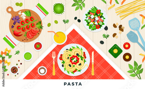 Pasta and ravioli cooking and ingredients. Spaghetti dishes isolated on white. Vector illustration