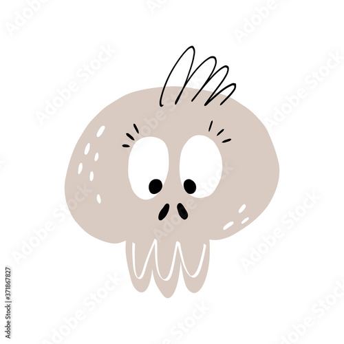 Cute alive human skull with eyes and eyelashes and hair. Halloween, Day of dead, Dia de Los Muertos funny character.