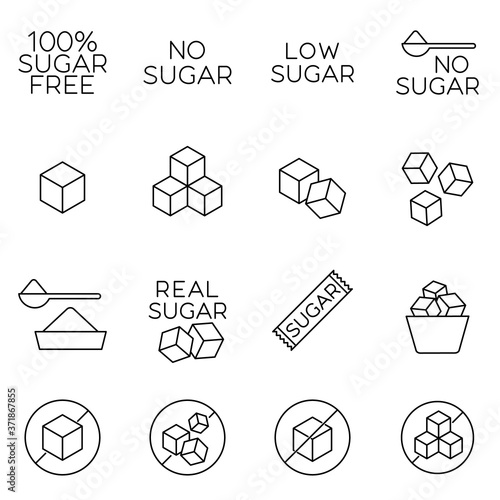Sugar cubes line icons and sugar free labels. Signs of healthy sugarless food in outline style. Concept of diabetes prevention and weight control. Great for package or tags.