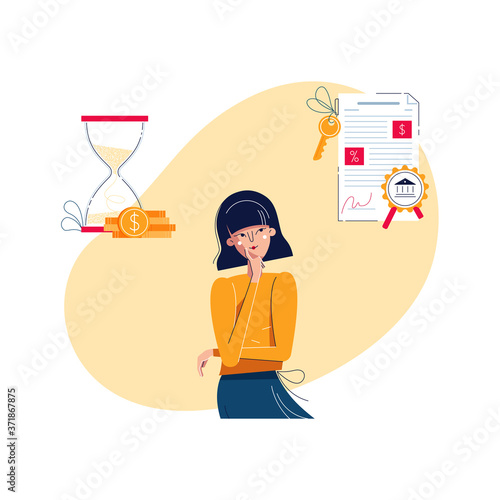 Mortgage or Savings choice concept. Woman is choosing saving money for a long time or mortgage loan for buy house. Hourglass, saving coins or house loan comparison. Flat design, vector illustration