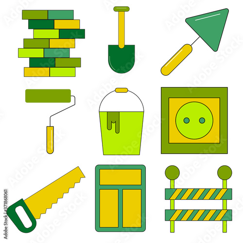 set of construction builder green yellow vector icon