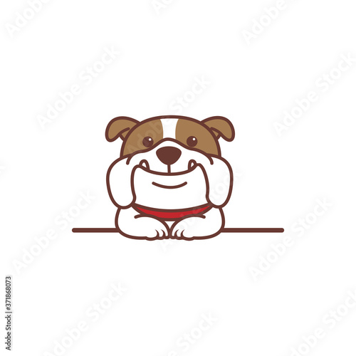 Cute bulldog dog smiling over wall cartoon, vector illustration