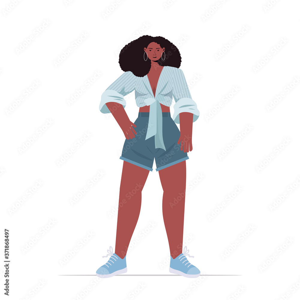 young woman in casual trendy clothes african american female cartoon character standing pose full length vector illustration