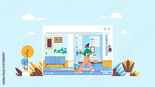blogger using spray and duster recording online video blog live streaming blogging concept girl cleaning room web browser window horizontal full length vector illustration