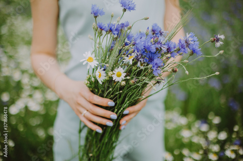 Girl with a bouquet of daisies and cornflowers in the field.
